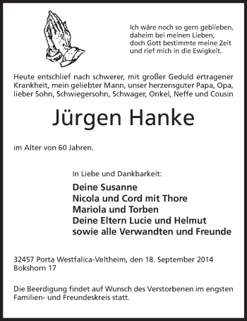 Anzeige von Jürgen Hanke von Mindener Tageblatt