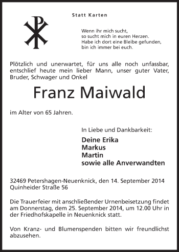 Anzeige von Franz Maiwald von Mindener Tageblatt