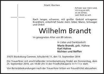 Anzeige von Wilhelm Brandt von Mindener Tageblatt