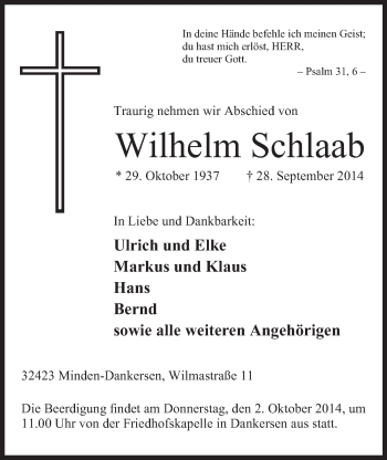 Anzeige von Wilhelm Schlaab von Mindener Tageblatt