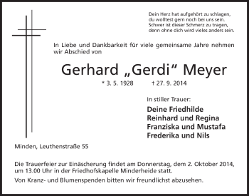 Anzeige von Gerhard Meyer von Mindener Tageblatt