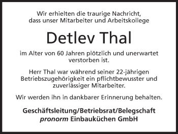 Anzeige von Detlev Thal von Mindener Tageblatt