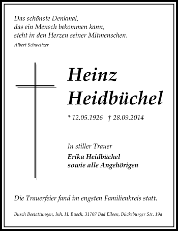 Anzeige von Heinz Heidbüchel von Mindener Tageblatt