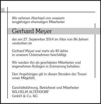 Anzeige von Gerhard Meyer von Mindener Tageblatt