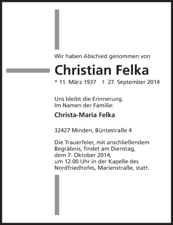 Anzeige von Christian Felka von Mindener Tageblatt