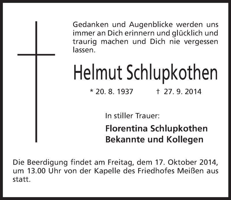  Traueranzeige für Helmut Schlupkothen vom 16.10.2014 aus Mindener Tageblatt