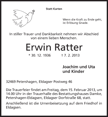 Anzeige von Erwin Ratter von Mindener Tageblatt
