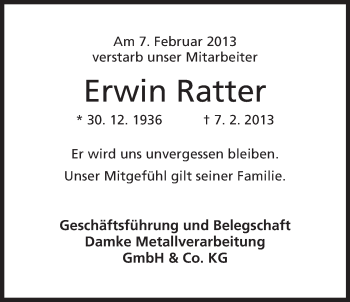Anzeige von Erwin Ratter von Mindener Tageblatt