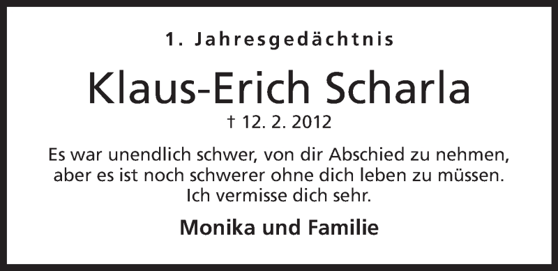  Traueranzeige für Klaus-Erich Scharla vom 12.02.2013 aus Mindener Tageblatt
