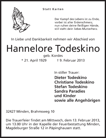 Anzeige von Hannelore Todeskino von Mindener Tageblatt