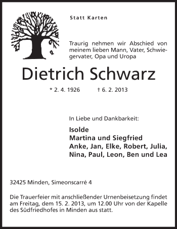 Anzeige von Dietrich Schwarz von Mindener Tageblatt
