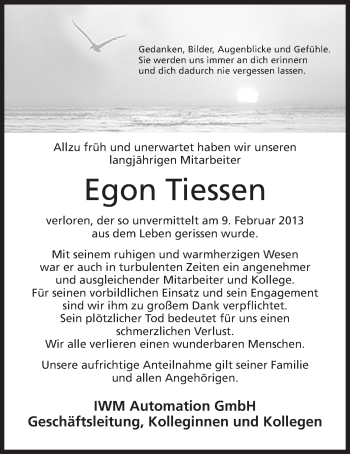 Anzeige von Egon Tiessen von Mindener Tageblatt