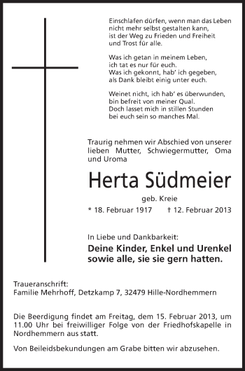 Anzeige von Herta Südmeier von Mindener Tageblatt