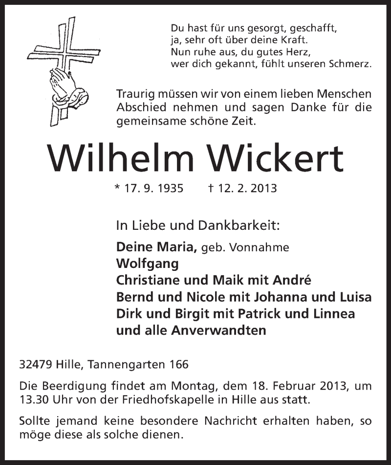  Traueranzeige für Wilhelm Wickert vom 14.02.2013 aus Mindener Tageblatt