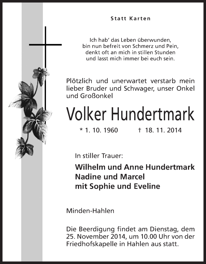  Traueranzeige für Volker Hundertmark vom 22.11.2014 aus Mindener Tageblatt