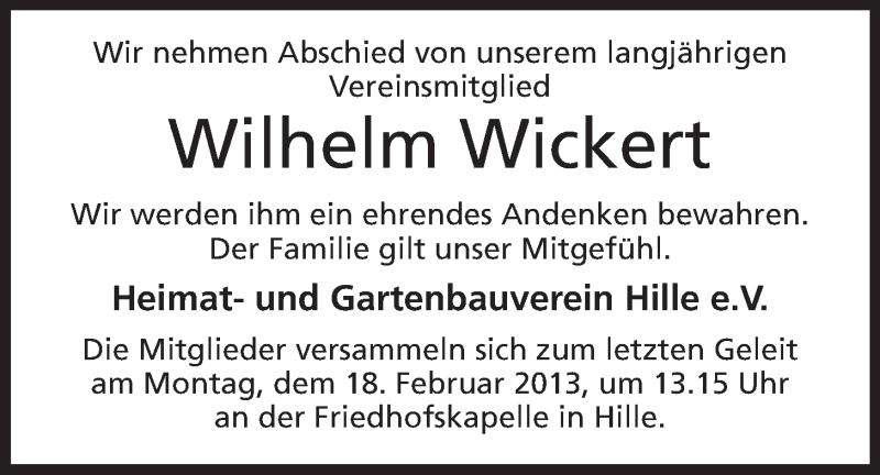  Traueranzeige für Wilhelm Wickert vom 14.02.2013 aus Mindener Tageblatt