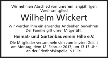 Anzeige von Wilhelm Wickert von Mindener Tageblatt