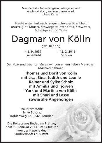 Anzeige von Dagmar von Kölln von Mindener Tageblatt
