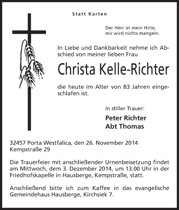 Anzeige von Christa Kelle-Richter von Mindener Tageblatt