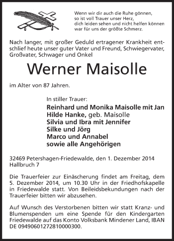 Anzeige von Werner Maisolle von Mindener Tageblatt