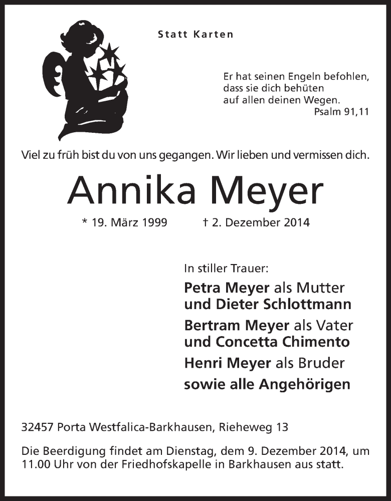  Traueranzeige für Annika Meyer vom 05.12.2014 aus Mindener Tageblatt