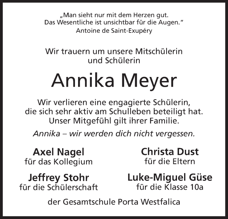  Traueranzeige für Annika Meyer vom 09.12.2014 aus Mindener Tageblatt