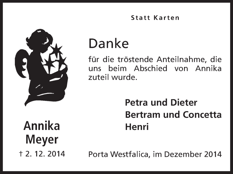  Traueranzeige für Annika Meyer vom 19.12.2014 aus Mindener Tageblatt