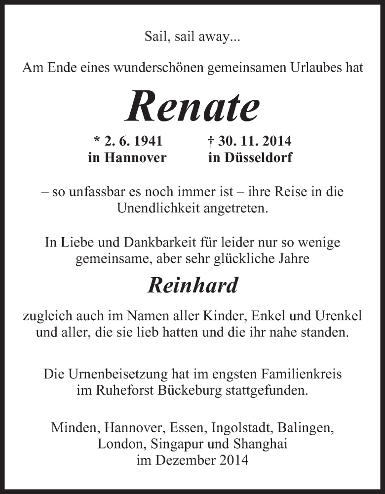  Traueranzeige für Renate  vom 23.12.2014 aus Mindener Tageblatt