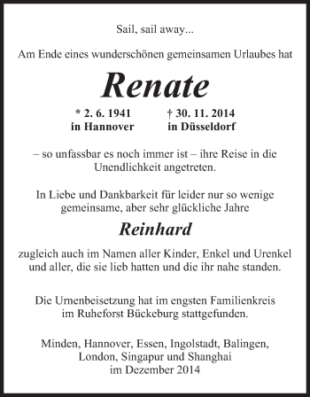 Anzeige von Renate  von Mindener Tageblatt