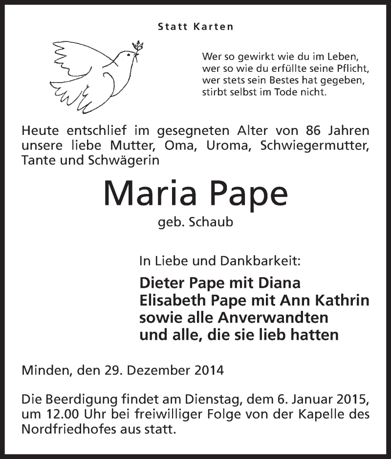  Traueranzeige für Maria Pape vom 03.01.2015 aus Mindener Tageblatt