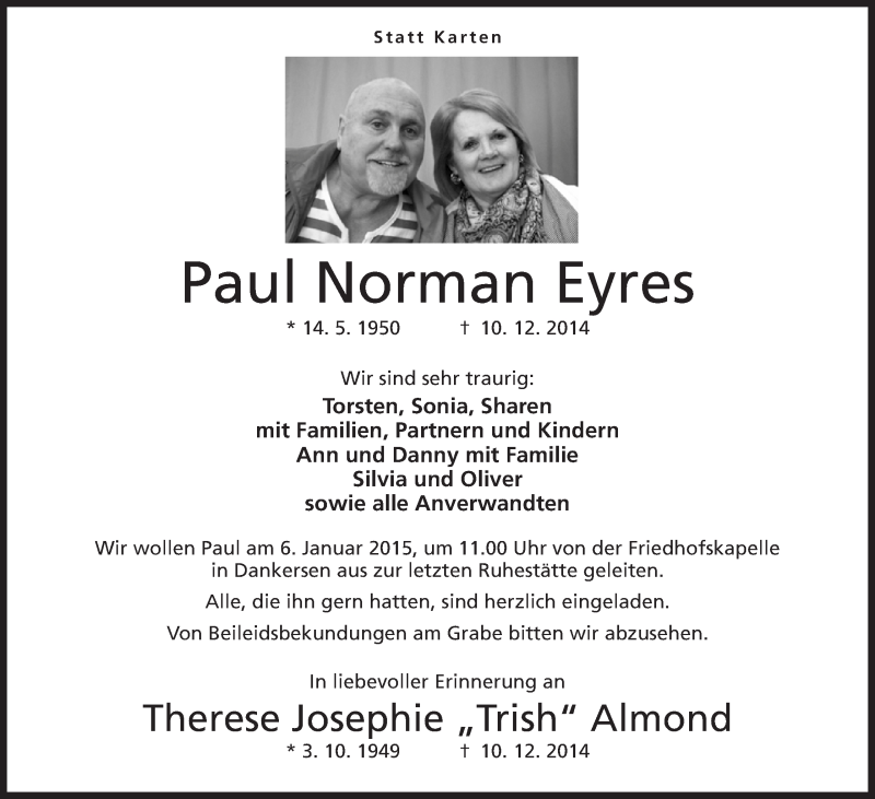  Traueranzeige für Paul Norman Eyres vom 03.01.2015 aus Mindener Tageblatt