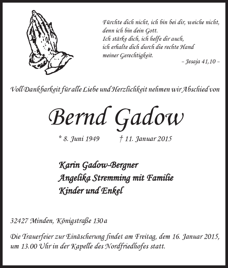  Traueranzeige für Bernd Gadow vom 13.01.2015 aus Mindener Tageblatt