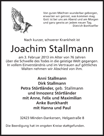 Anzeige von Joachim Stallmann von Mindener Tageblatt