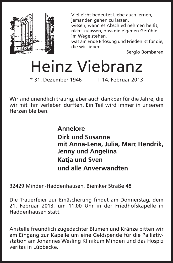  Traueranzeige für Heinz Viebranz vom 16.02.2013 aus Mindener Tageblatt
