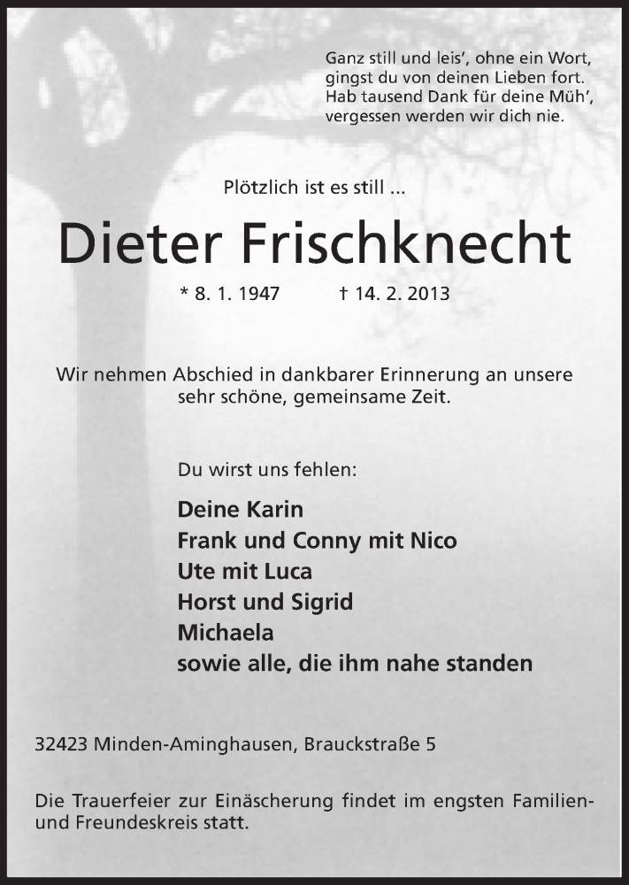  Traueranzeige für Dieter Frischknecht vom 16.02.2013 aus Mindener Tageblatt