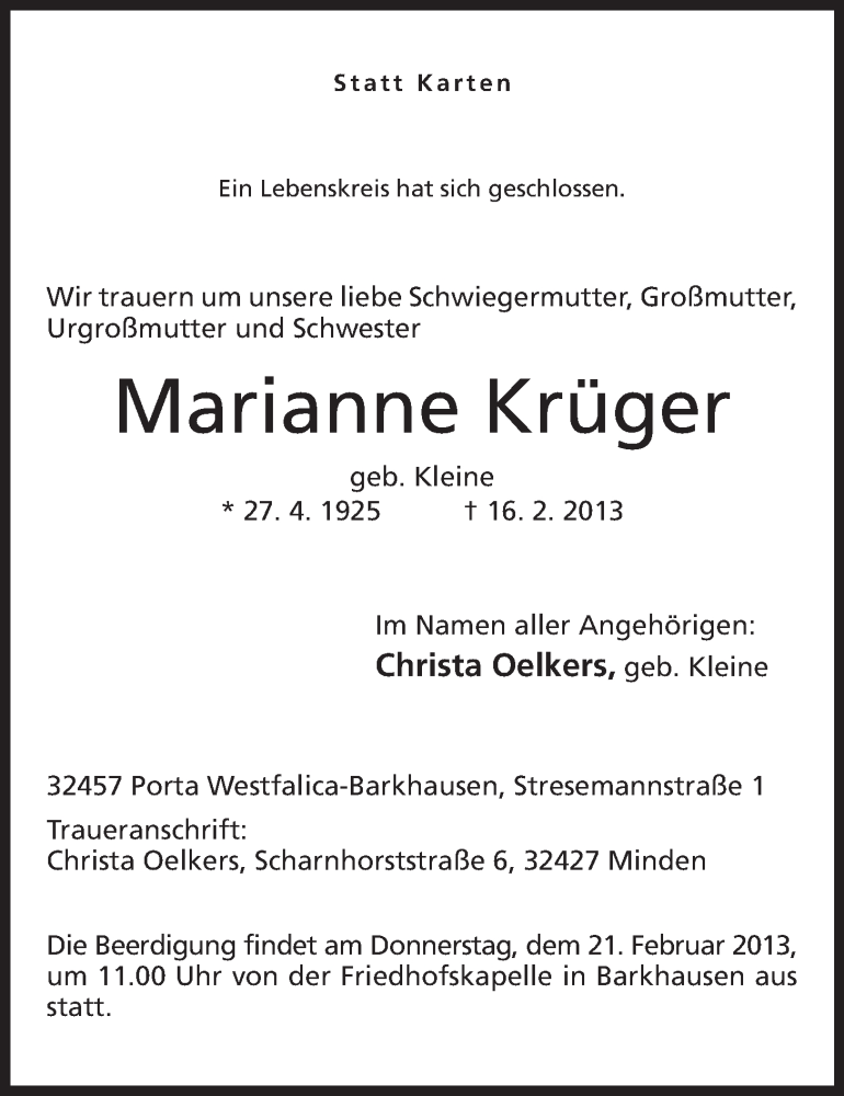  Traueranzeige für Marianne Krüger vom 18.02.2013 aus Mindener Tageblatt