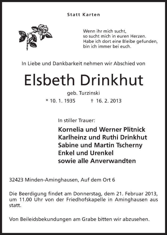  Traueranzeige für Elsbeth Drinkhut vom 18.02.2013 aus Mindener Tageblatt