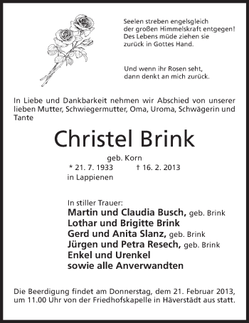 Anzeige von Christel Brink von Mindener Tageblatt