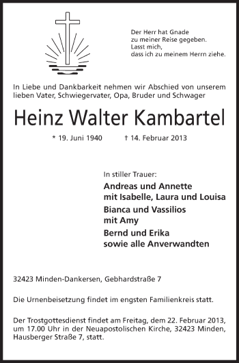 Anzeige von Heinz Walter Karmbartel von Mindener Tageblatt