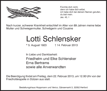 Anzeige von Lotti Schlensker von Mindener Tageblatt