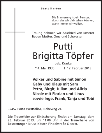 Anzeige von Brigitta Töpfer von Mindener Tageblatt