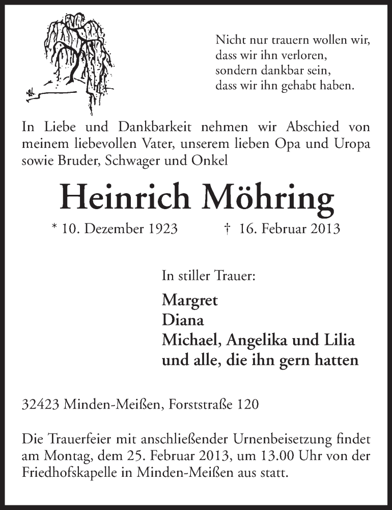  Traueranzeige für Heinrich Möhring vom 20.02.2013 aus Mindener Tageblatt
