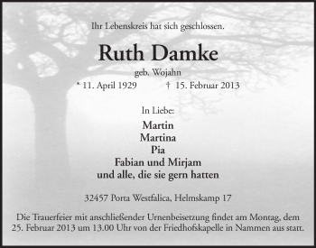 Anzeige von Ruth Damke von Mindener Tageblatt