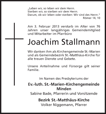 Anzeige von Joachim Stallmann von Mindener Tageblatt