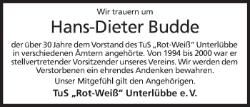 Anzeige von Hans-Dieter Budde von Mindener Tageblatt