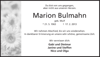 Anzeige von Marion Bulmahn von Mindener Tageblatt