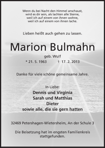Anzeige von Marion Bulmahn von Mindener Tageblatt