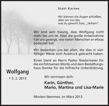 Anzeige von Wolfgang Wagner von Mindener Tageblatt