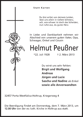 Anzeige von Helmut Peußner von Mindener Tageblatt