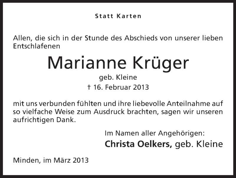  Traueranzeige für Marianne Krüger vom 09.03.2013 aus Mindener Tageblatt